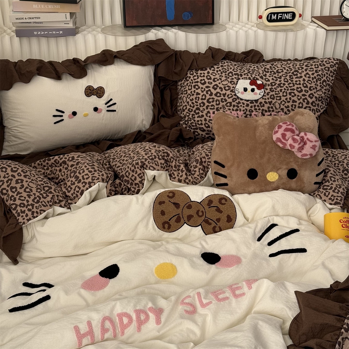 91家纺网 家纺一手货源 找家纺 （总）拾一 2026新款少女心可爱黑皮KT猫猫花边款毛巾绣木棉四件套