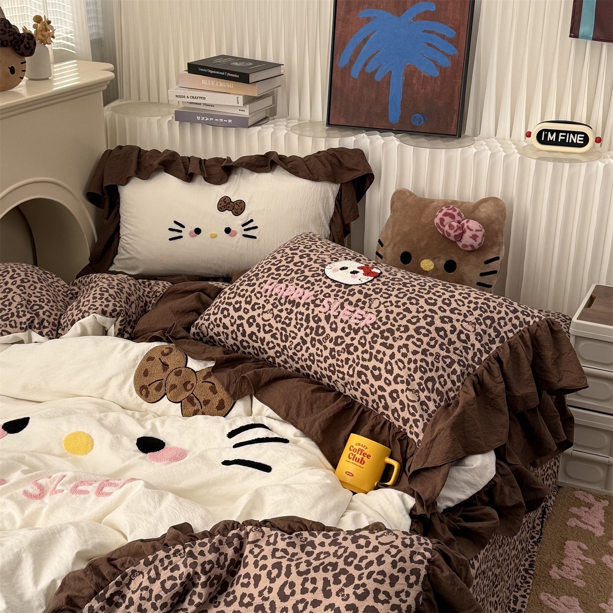 91家纺网 家纺一手货源 找家纺 （总）拾一 2026新款少女心可爱黑皮KT猫猫花边款毛巾绣木棉四件套