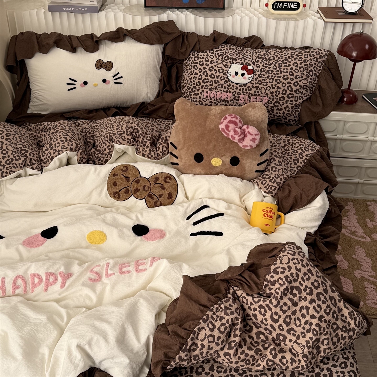 91家纺网 家纺一手货源 找家纺 （总）拾一 2026新款少女心可爱黑皮KT猫猫花边款毛巾绣木棉四件套