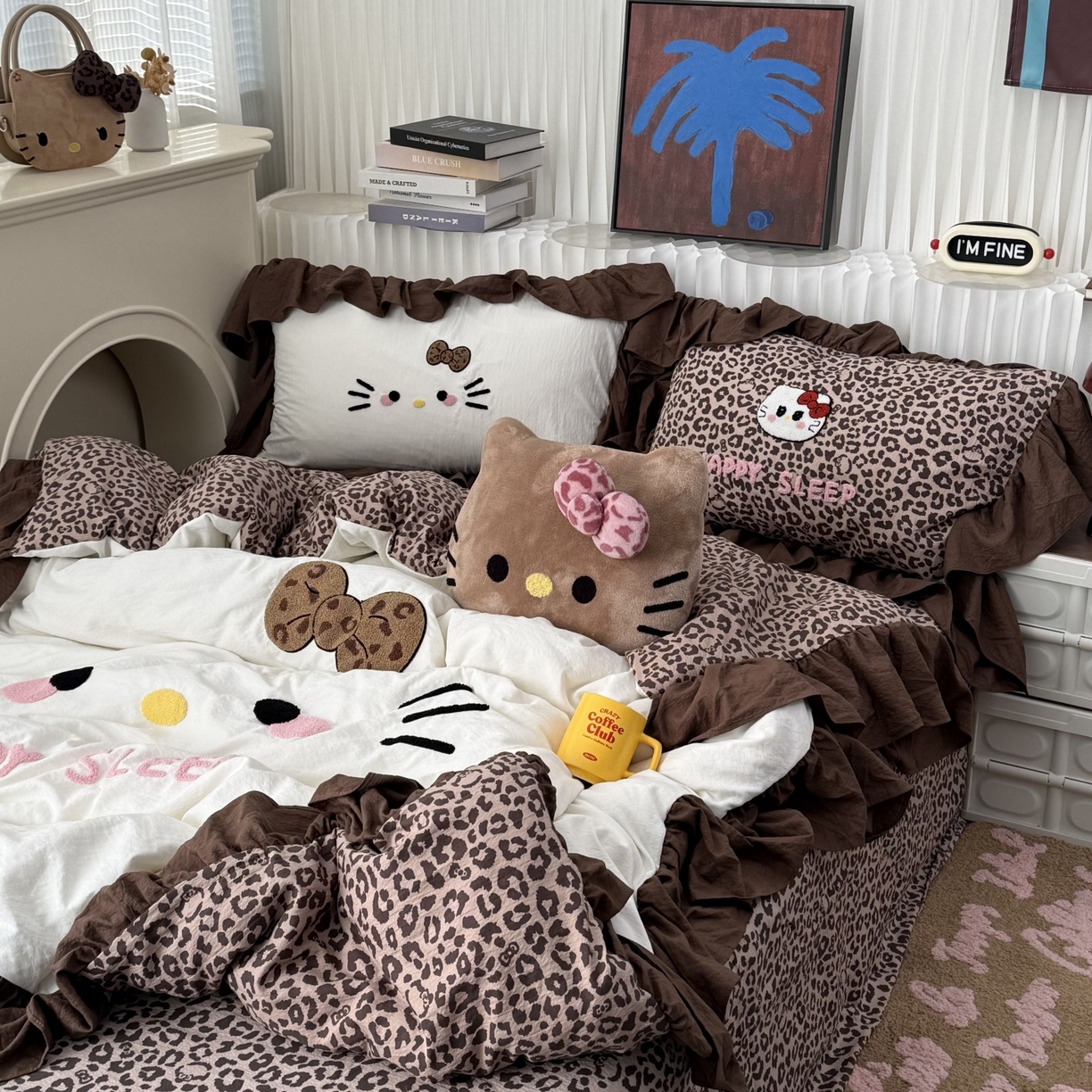 91家纺网 家纺一手货源 找家纺 拾一 2026新款少女心可爱黑皮KT猫猫花边款毛巾绣木棉四件套 猫猫-白