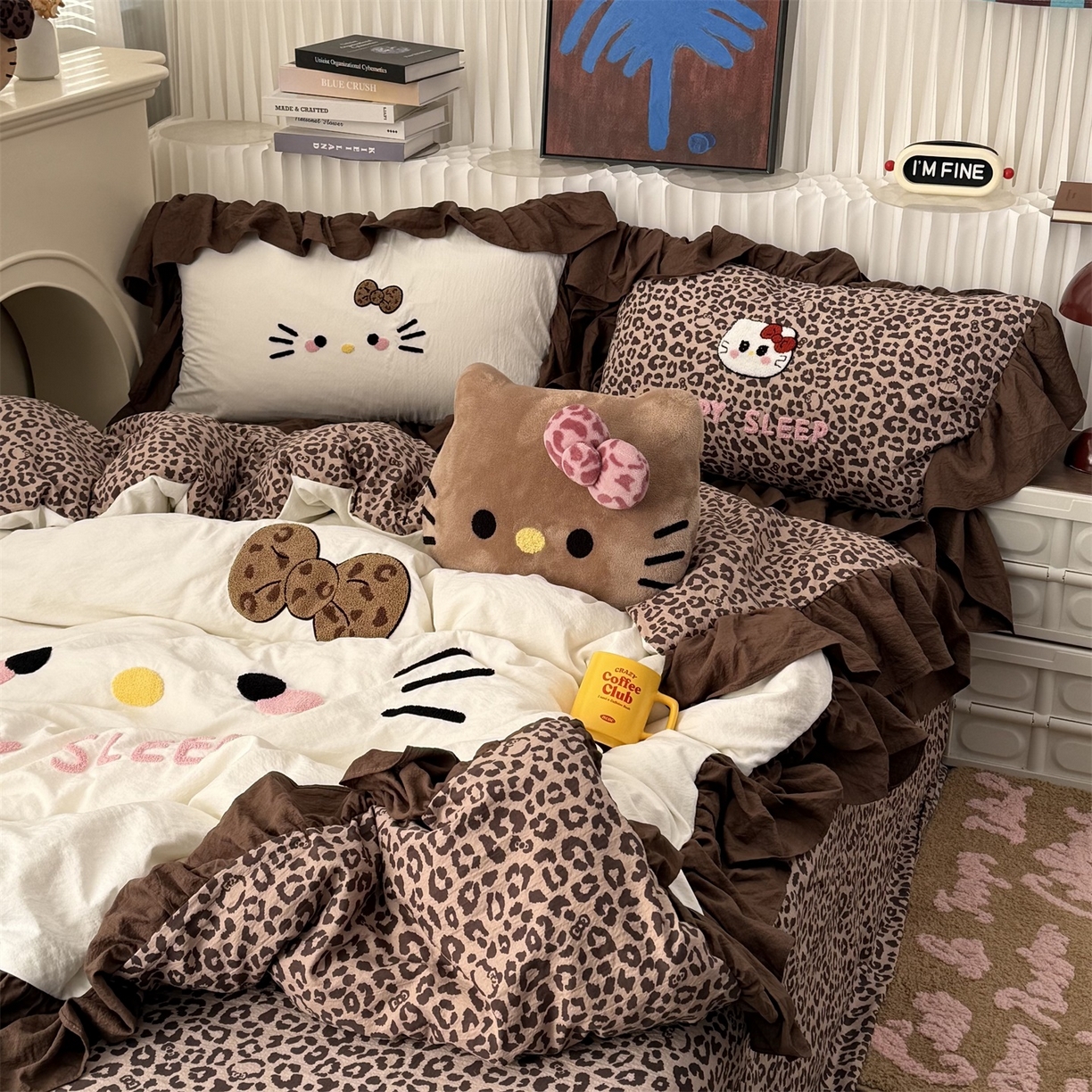 91家纺网 家纺一手货源 找家纺 拾一 2026新款少女心可爱黑皮KT猫猫花边款毛巾绣木棉四件套 猫猫-白