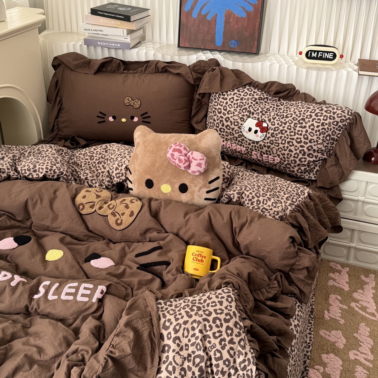 91家纺网 家纺一手货源 找家纺 （总）拾一 2026新款少女心可爱黑皮KT猫猫花边款毛巾绣木棉四件套