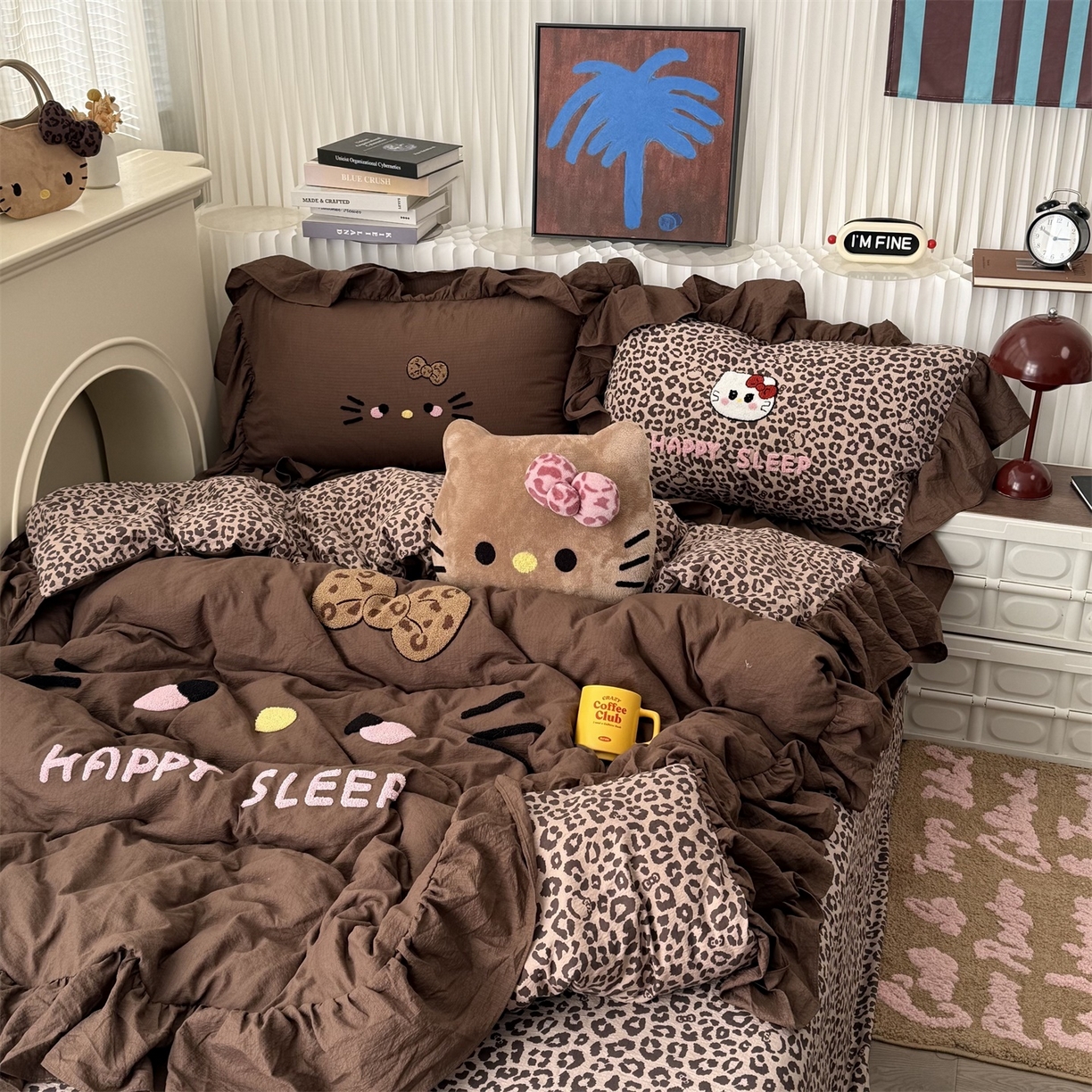 91家纺网 家纺一手货源 找家纺 拾一 2026新款少女心可爱黑皮KT猫猫花边款毛巾绣木棉四件套 猫猫-棕