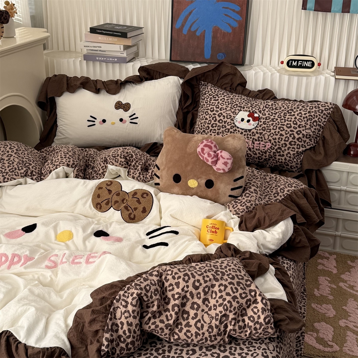 拾一 2026新款少女心可爱黑皮KT猫猫花边款毛巾绣木棉四件套 猫猫-白