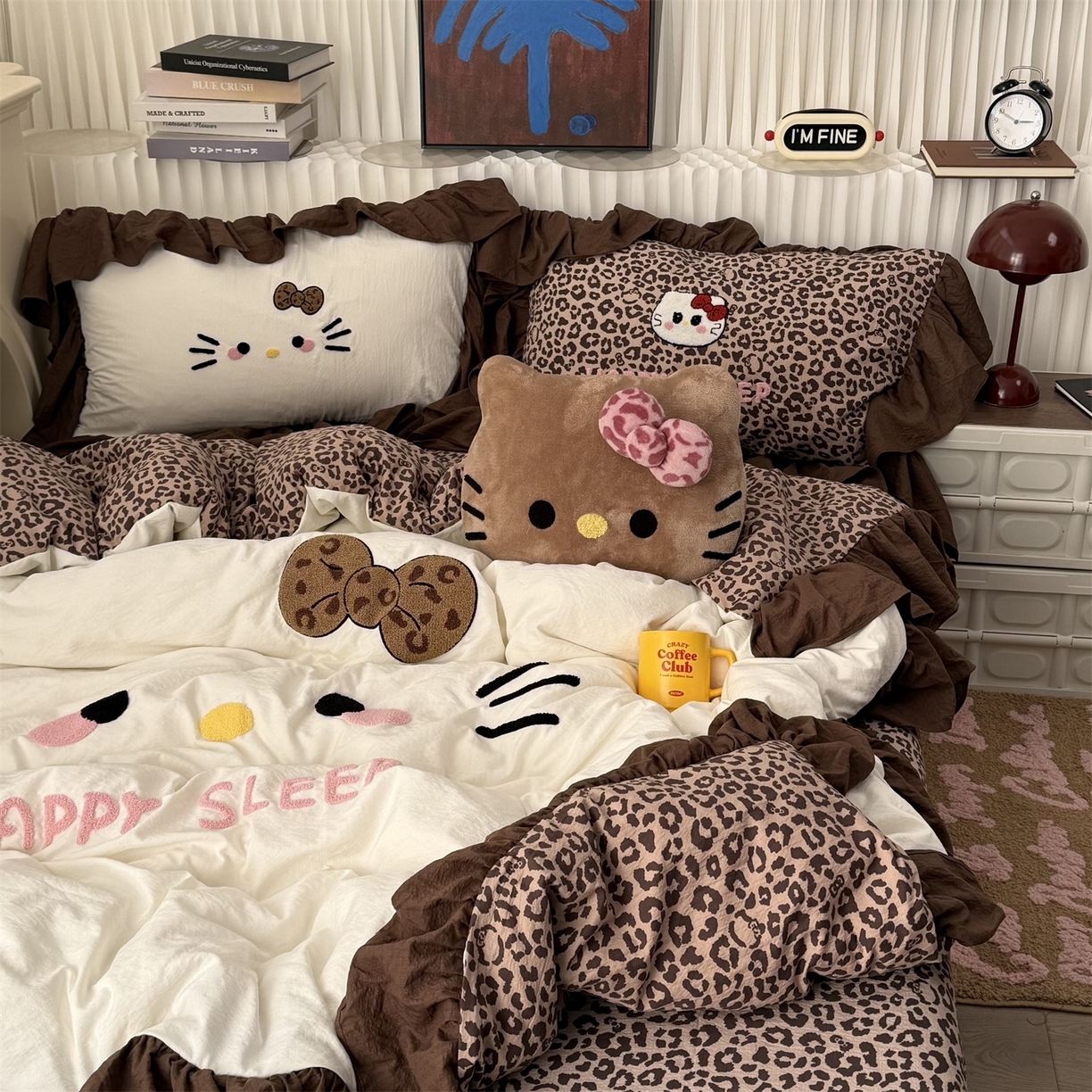 91家纺网 家纺一手货源 找家纺 拾一 2026新款少女心可爱黑皮KT猫猫花边款毛巾绣木棉四件套 猫猫-白