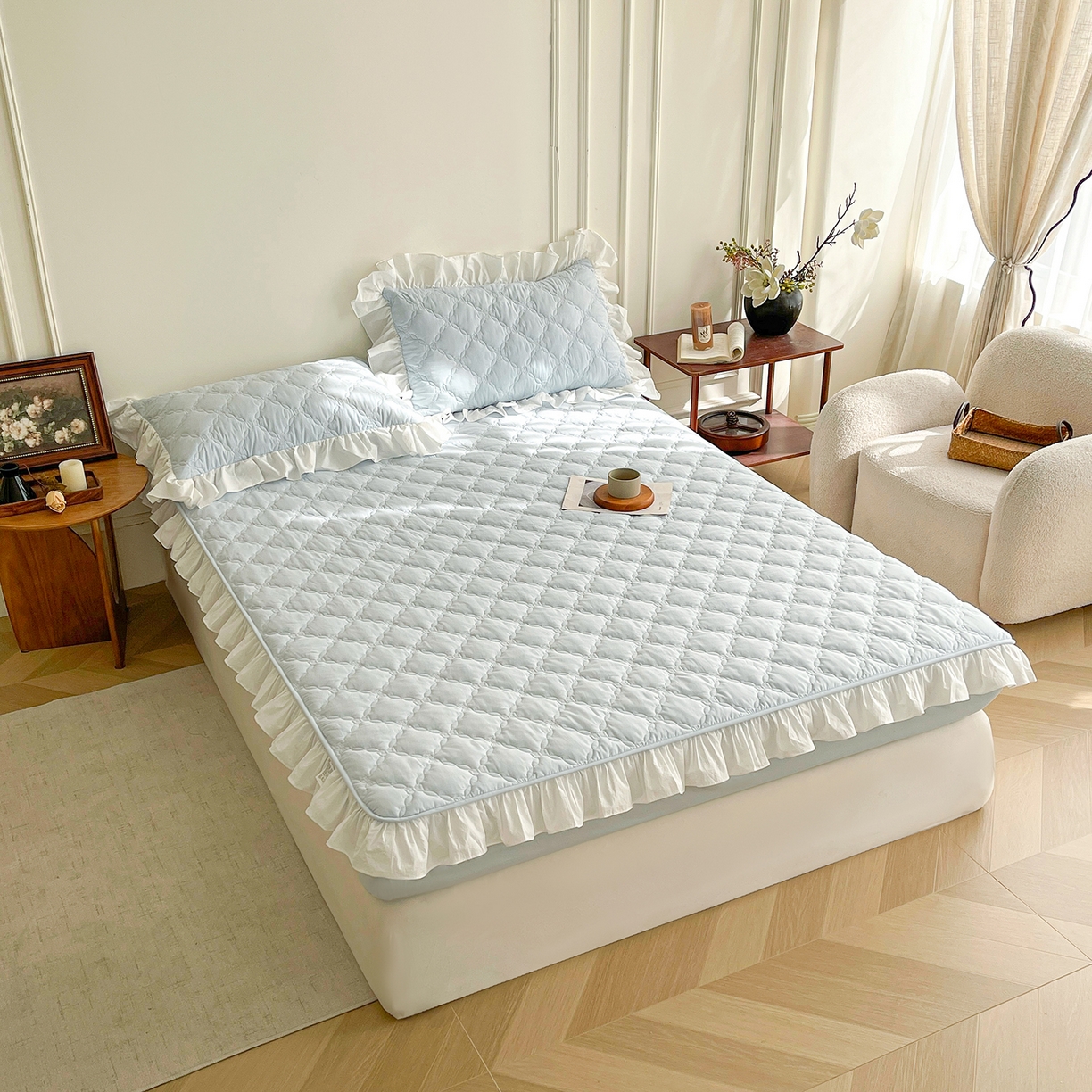 91家纺网 家纺一手货源 找家纺 （总）佳笠家居 2026春夏新款A类全棉纯棉水洗棉新疆棉花少女风花边单床笠 床笠单件