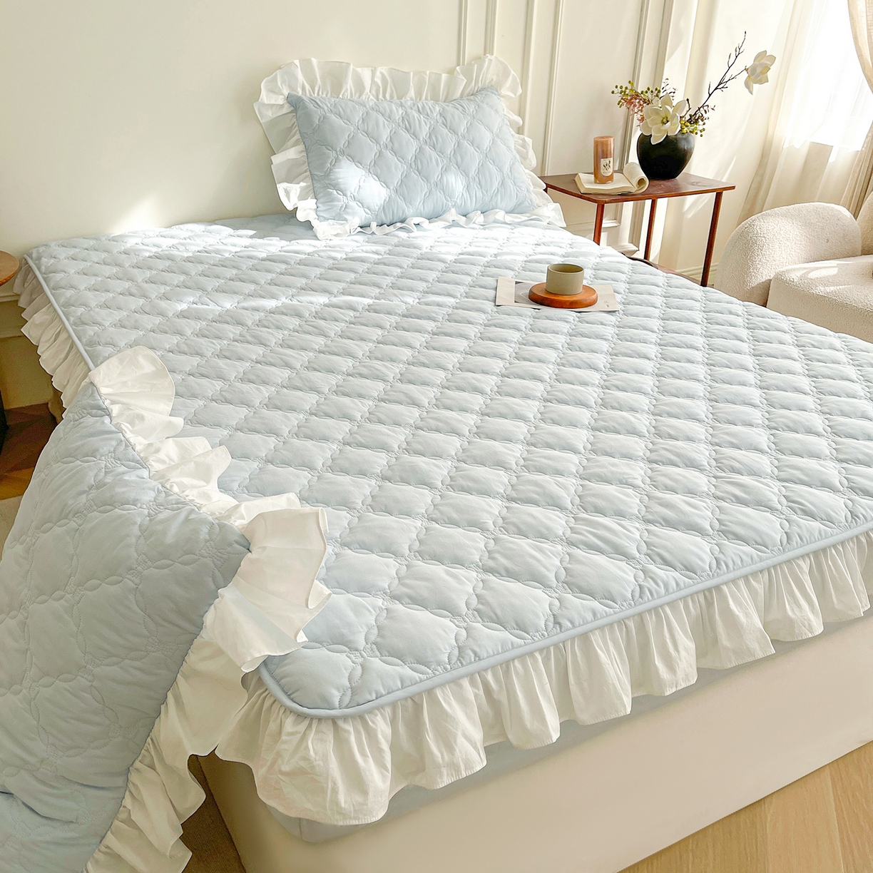 91家纺网 家纺一手货源 找家纺 （总）佳笠家居 2026春夏新款A类全棉纯棉水洗棉新疆棉花少女风花边单床笠 床笠单件