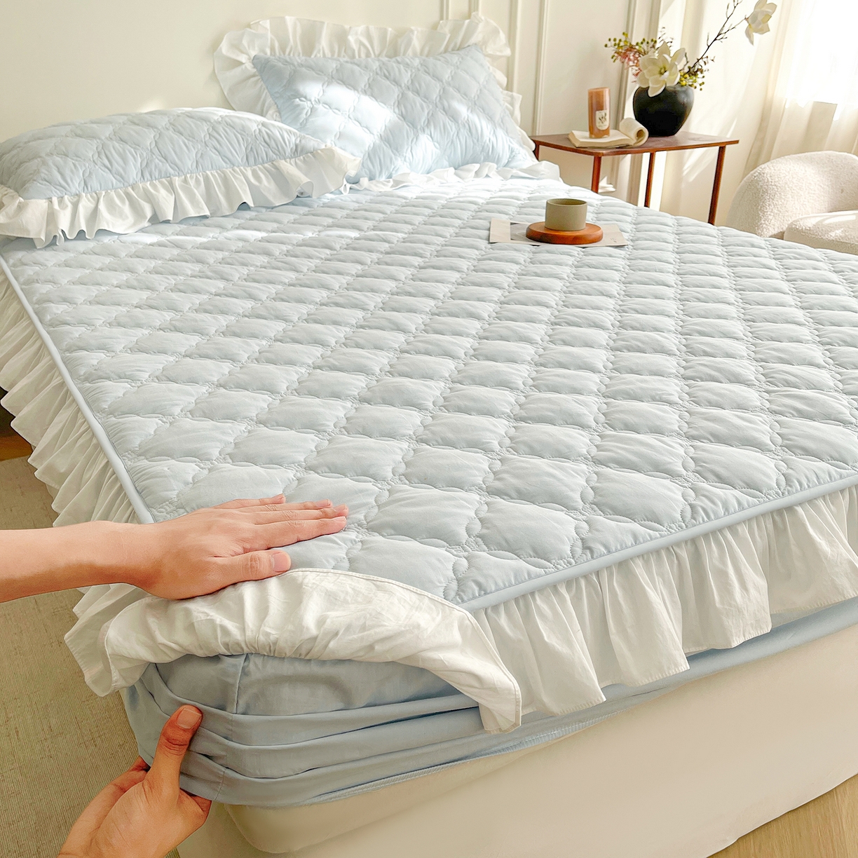 91家纺网 家纺一手货源 找家纺 （总）佳笠家居 2026春夏新款A类全棉纯棉水洗棉新疆棉花少女风花边单床笠 床笠单件