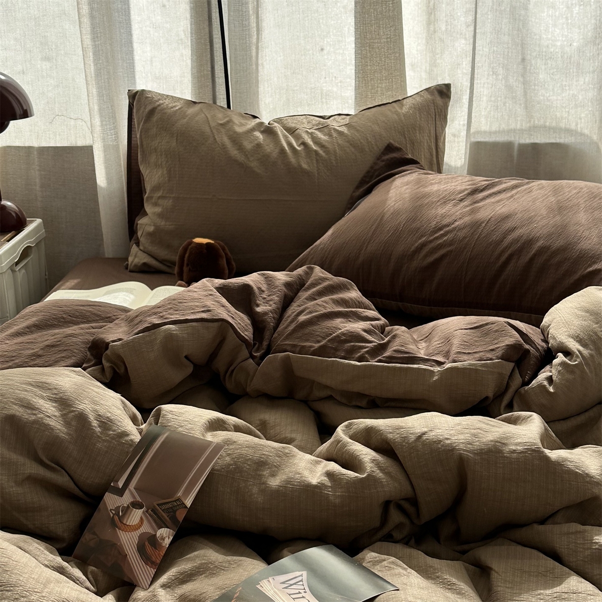 91家纺网 家纺一手货源 找家纺 拾一 2026新款甜美波点系列双拼色四件套 摩卡慕斯棕-咖