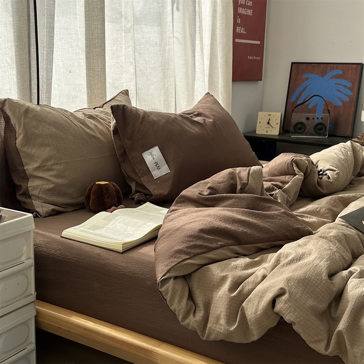 91家纺网 家纺一手货源 找家纺 拾一 2026新款甜美波点系列双拼色四件套 摩卡慕斯棕-咖