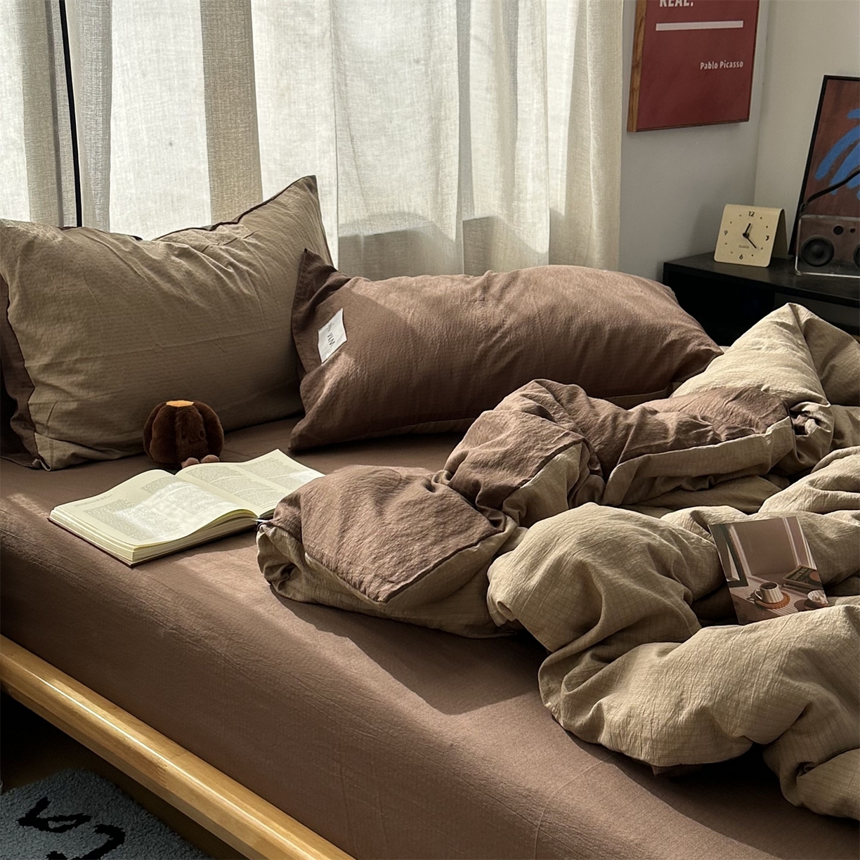 91家纺网 家纺一手货源 找家纺 拾一 2026新款甜美波点系列双拼色四件套 摩卡慕斯棕-咖