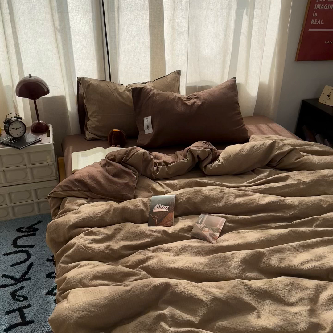 91家纺网 家纺一手货源 找家纺 拾一 2026新款甜美波点系列双拼色四件套 摩卡慕斯棕-咖