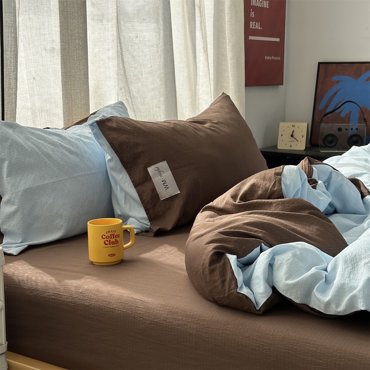 91家纺网 家纺一手货源 找家纺 拾一 2026新款甜美波点系列双拼色四件套 摩卡慕斯棕-蓝