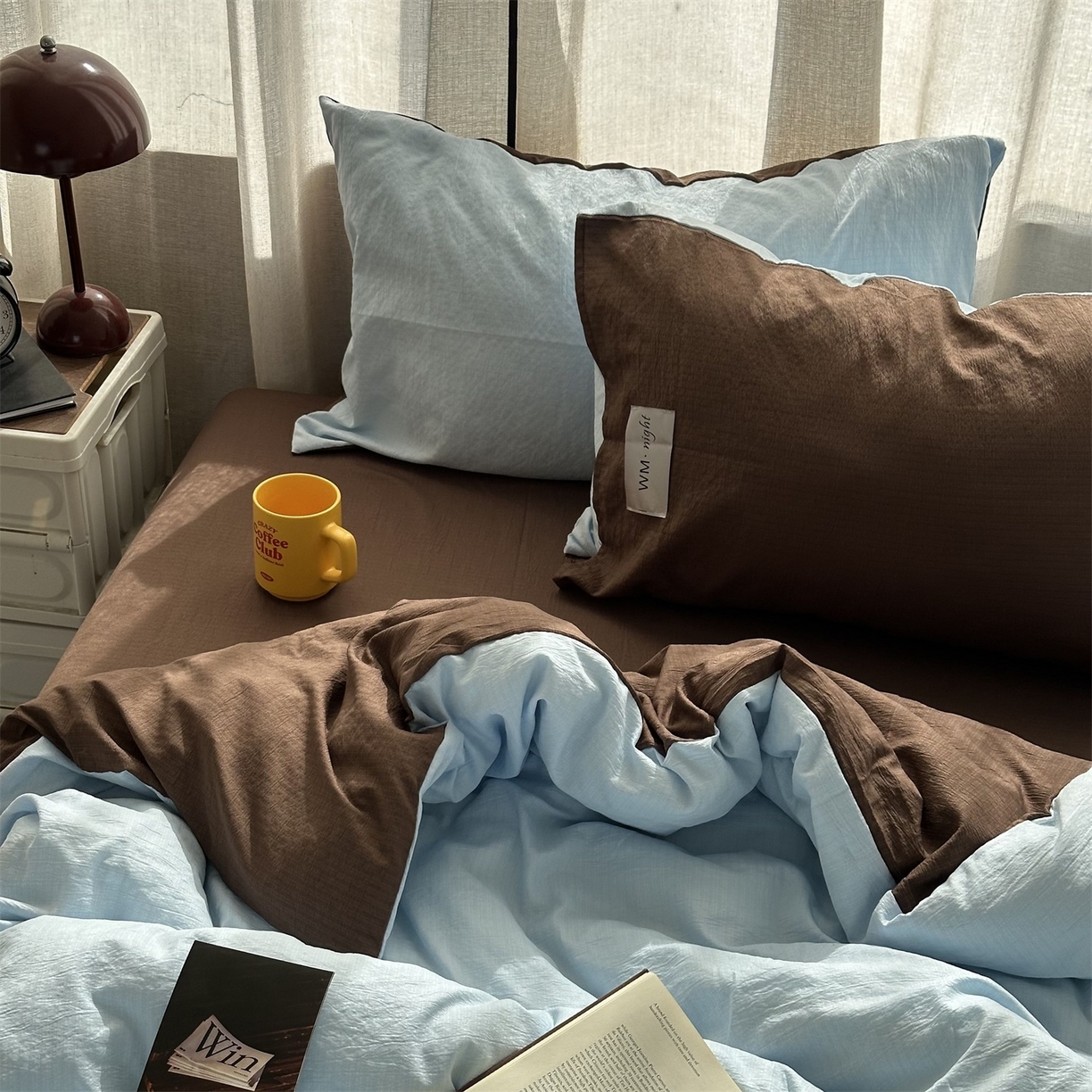 91家纺网 家纺一手货源 找家纺 拾一 2026新款甜美波点系列双拼色四件套 摩卡慕斯棕-蓝