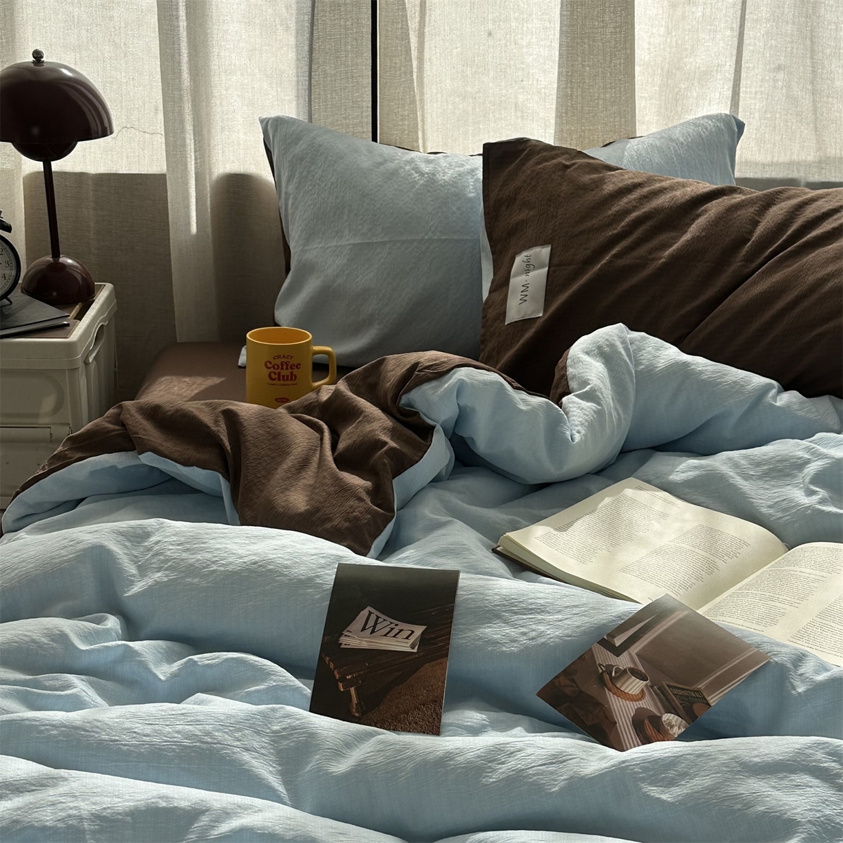 91家纺网 家纺一手货源 找家纺 拾一 2026新款甜美波点系列双拼色四件套 摩卡慕斯棕-蓝