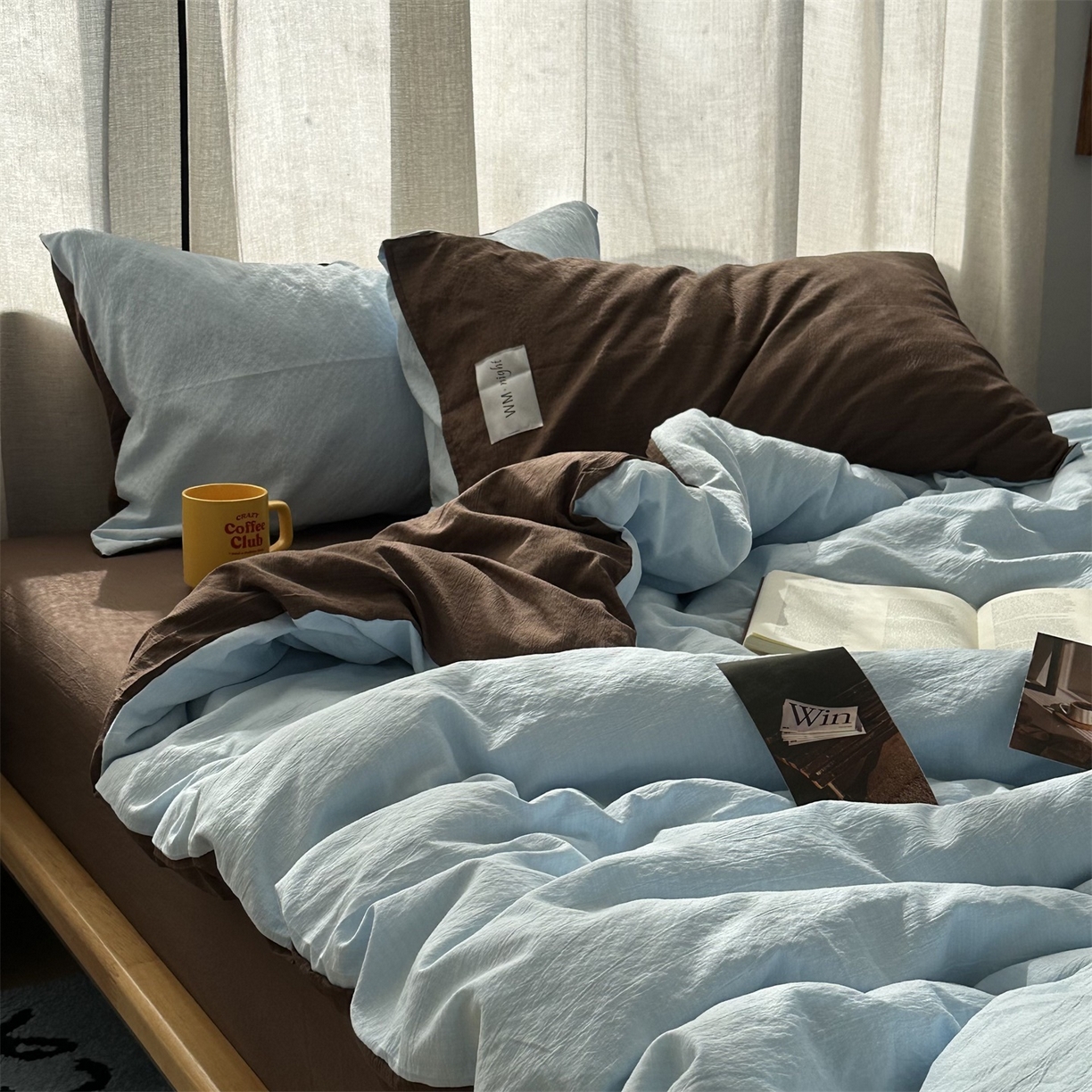 91家纺网 家纺一手货源 找家纺 拾一 2026新款甜美波点系列双拼色四件套 摩卡慕斯棕-蓝