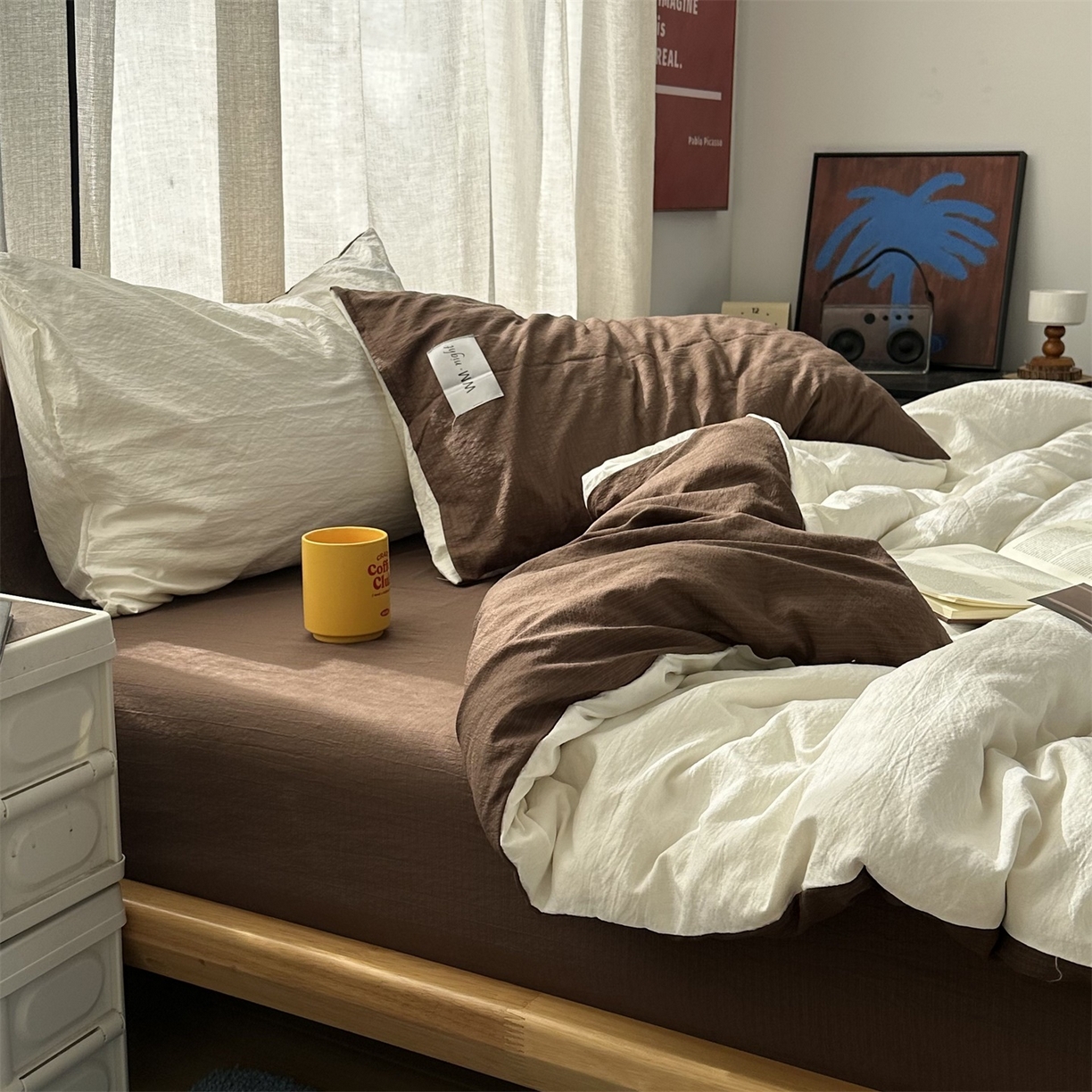 91家纺网 家纺一手货源 找家纺 拾一 2026新款甜美波点系列双拼色四件套 摩卡慕斯棕-奶白