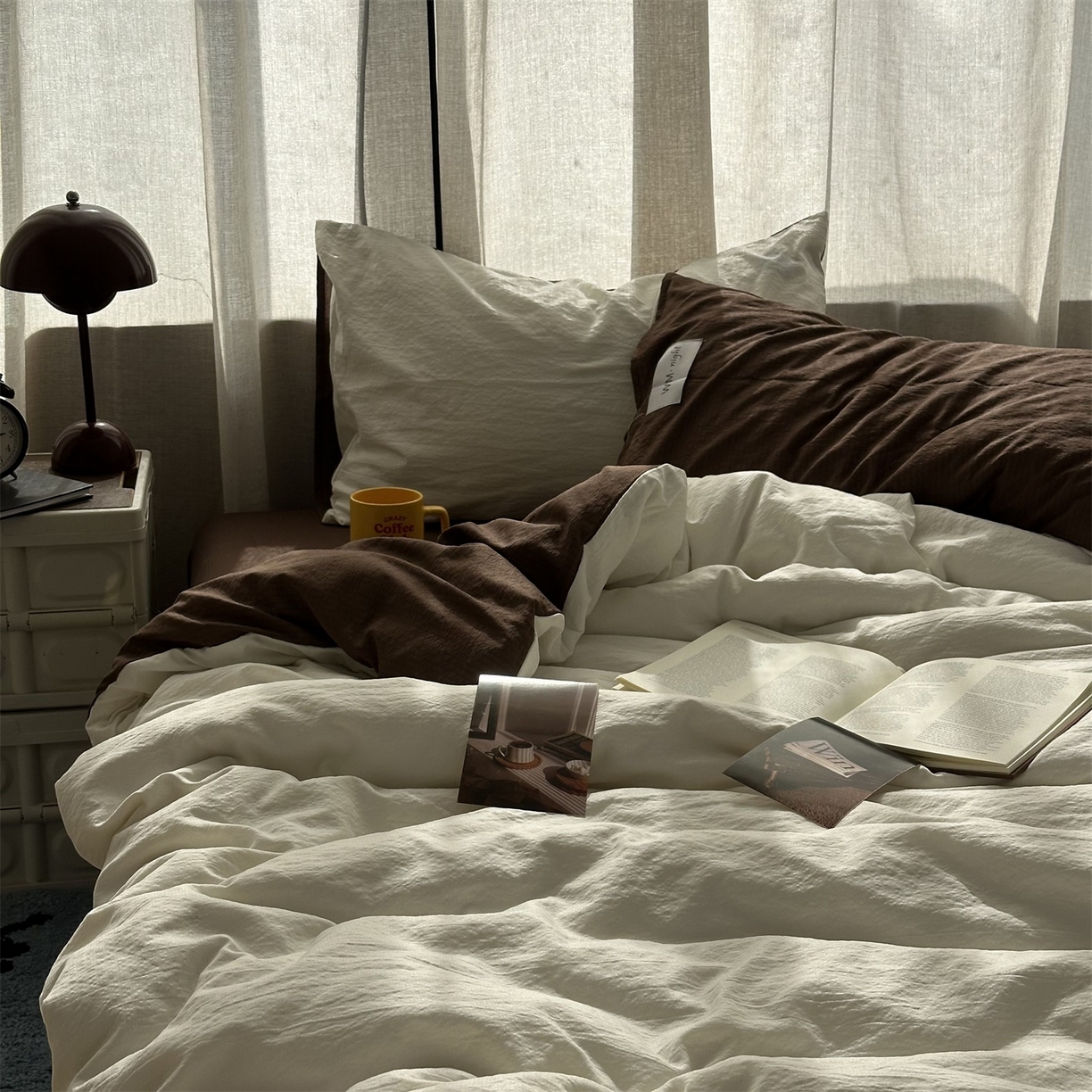 91家纺网 家纺一手货源 找家纺 拾一 2026新款甜美波点系列双拼色四件套 摩卡慕斯棕-奶白