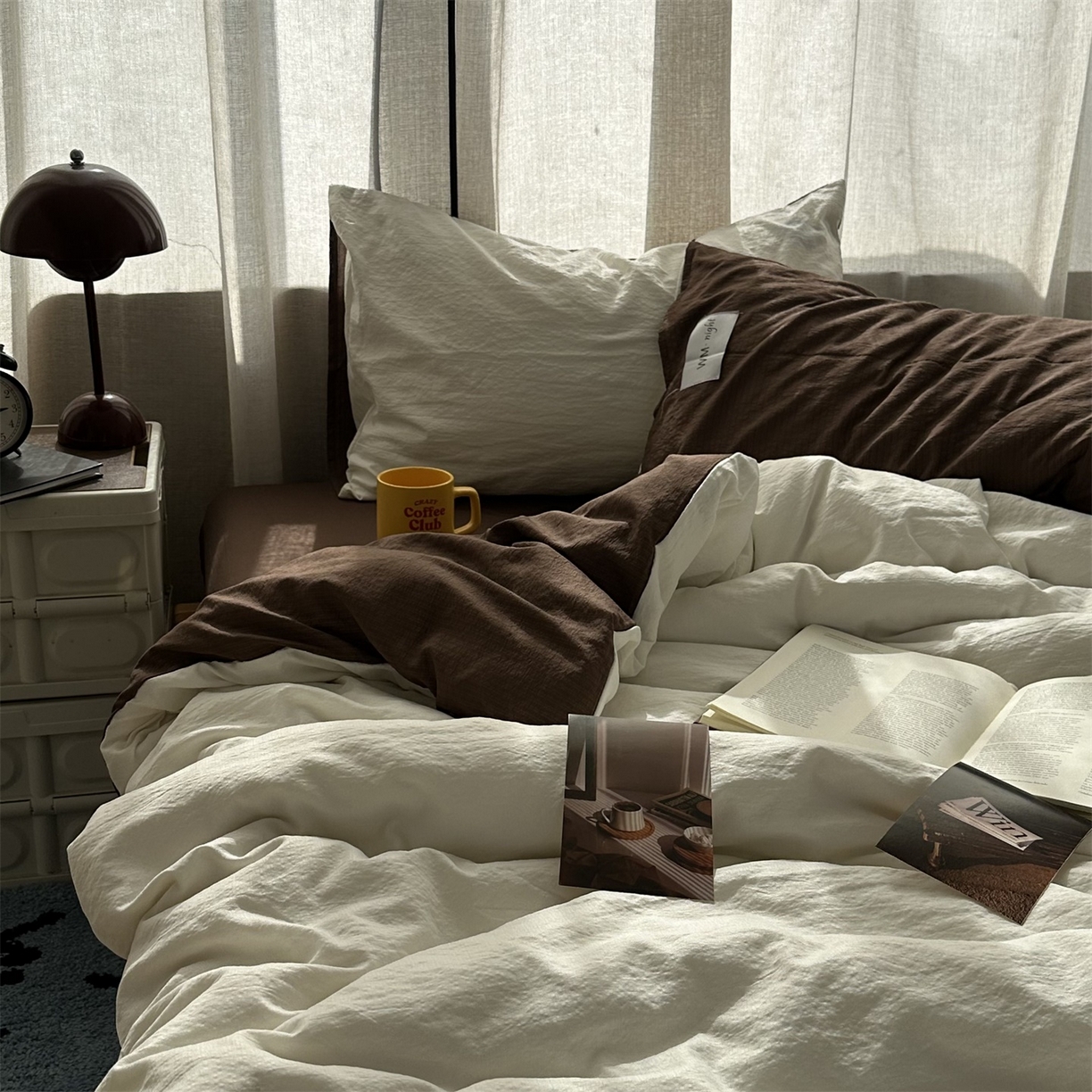 91家纺网 家纺一手货源 找家纺 拾一 2026新款甜美波点系列双拼色四件套 摩卡慕斯棕-奶白