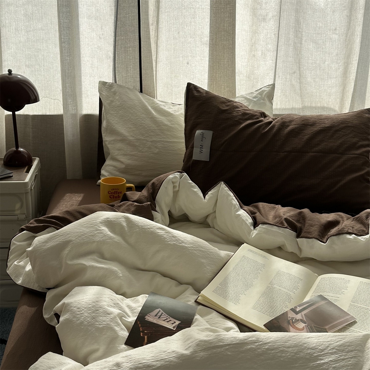 91家纺网 家纺一手货源 找家纺 拾一 2026新款甜美波点系列双拼色四件套 摩卡慕斯棕-奶白