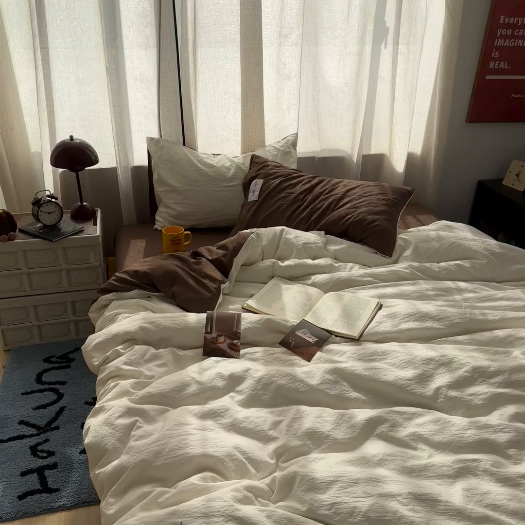 91家纺网 家纺一手货源 找家纺 拾一 2026新款甜美波点系列双拼色四件套 摩卡慕斯棕-奶白