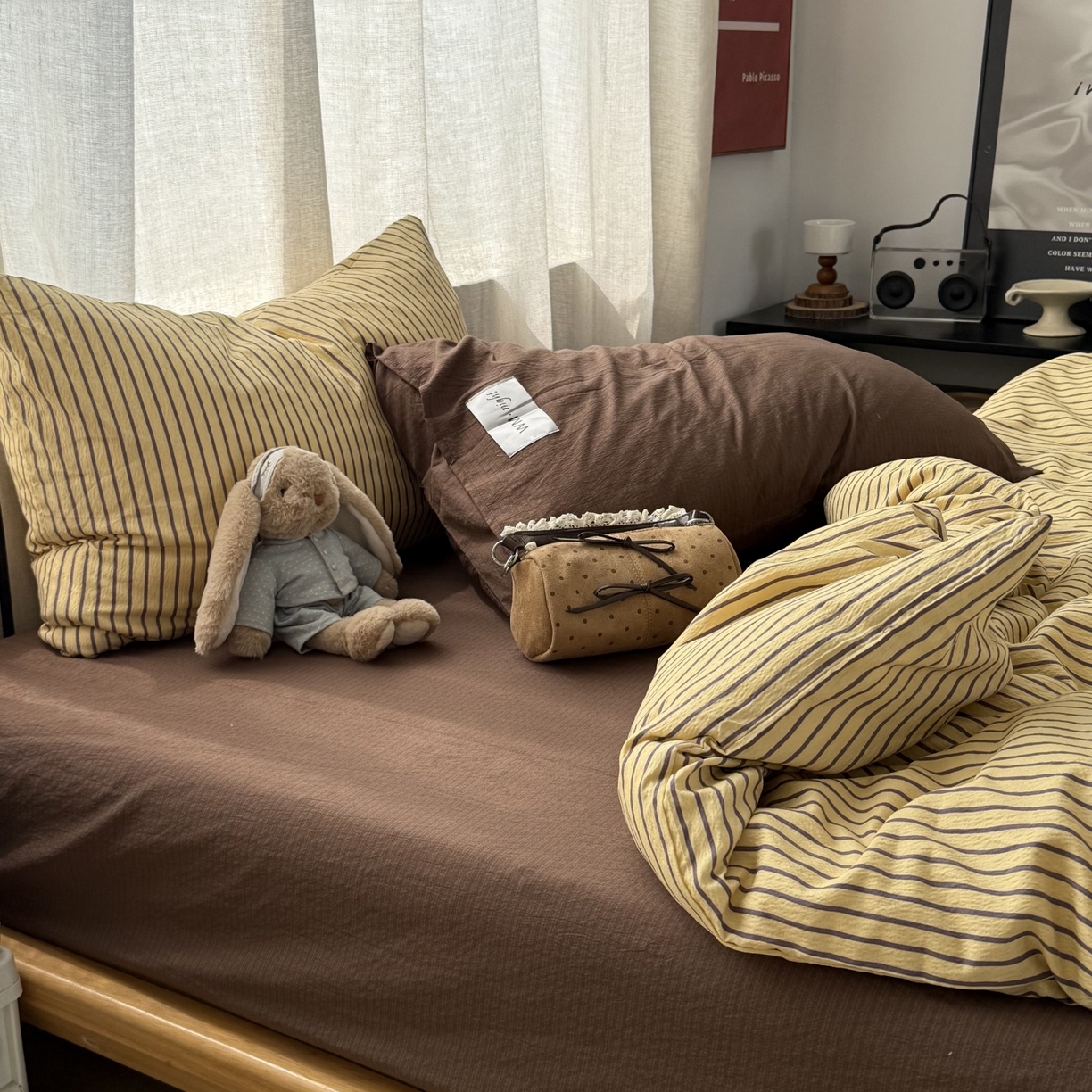 91家纺网 家纺一手货源 找家纺 （总）拾一 2026新款软糯木棉中古多巴胺条纹系列四件套