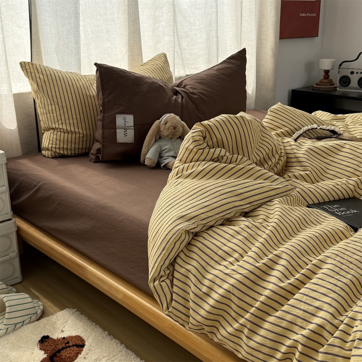 91家纺网 家纺一手货源 找家纺 （总）拾一 2026新款软糯木棉中古多巴胺条纹系列四件套