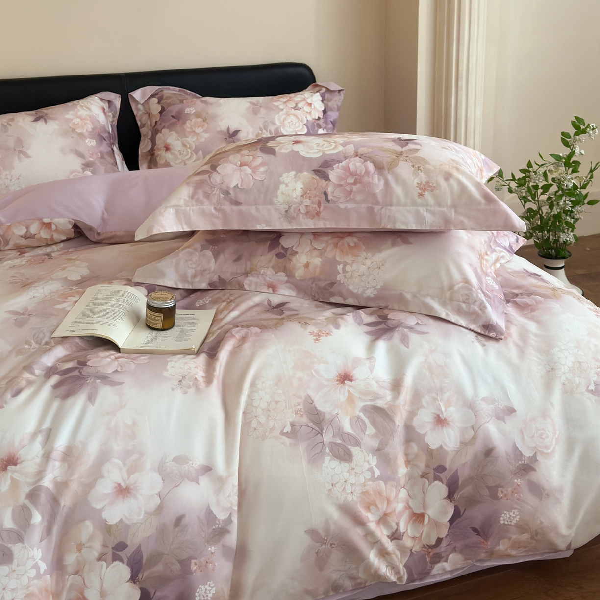 91家纺网 家纺一手货源 找家纺 优彩 2026新款长绒棉数码印花精梳全棉纯棉四件套 桃之夭夭