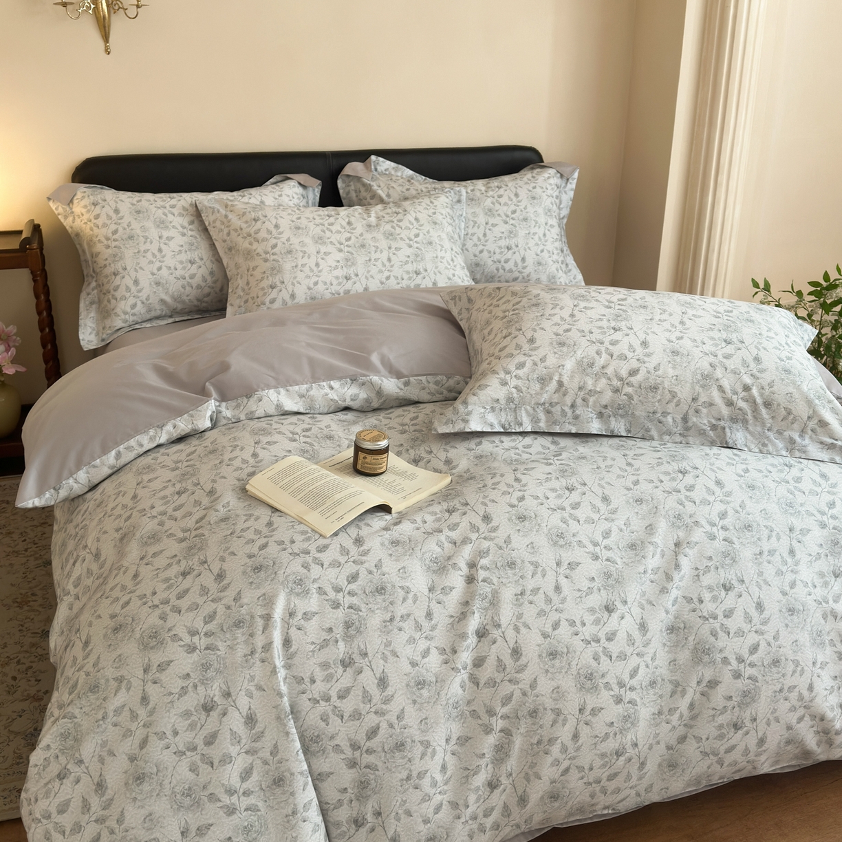 91家纺网 家纺一手货源 找家纺 优彩 2026新款长绒棉数码印花精梳全棉纯棉四件套 知夏-灰