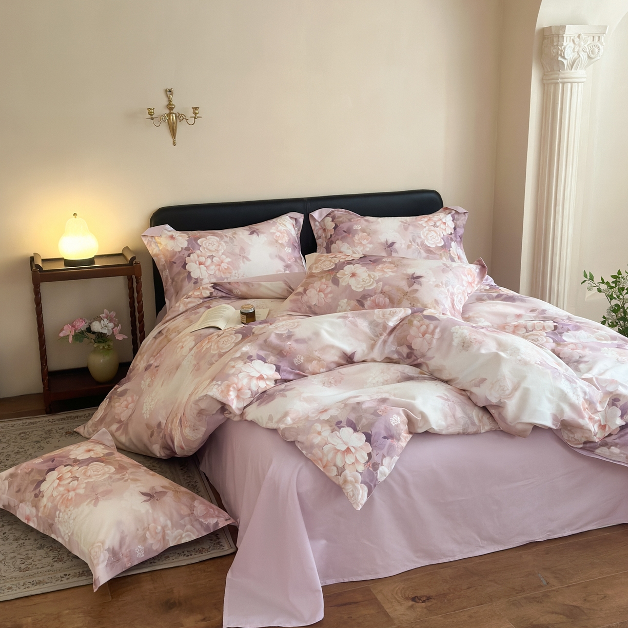 91家纺网 家纺一手货源 找家纺 优彩 2026新款长绒棉数码印花精梳全棉纯棉四件套 桃之夭夭