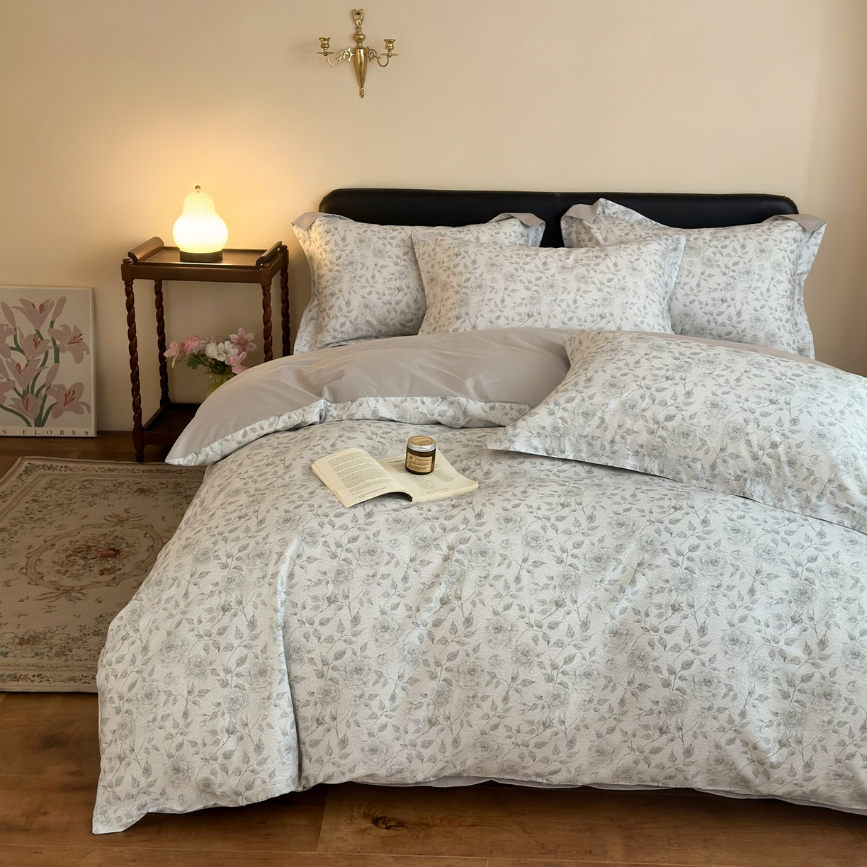 91家纺网 家纺一手货源 找家纺 优彩 2026新款长绒棉数码印花精梳全棉纯棉四件套 知夏-灰