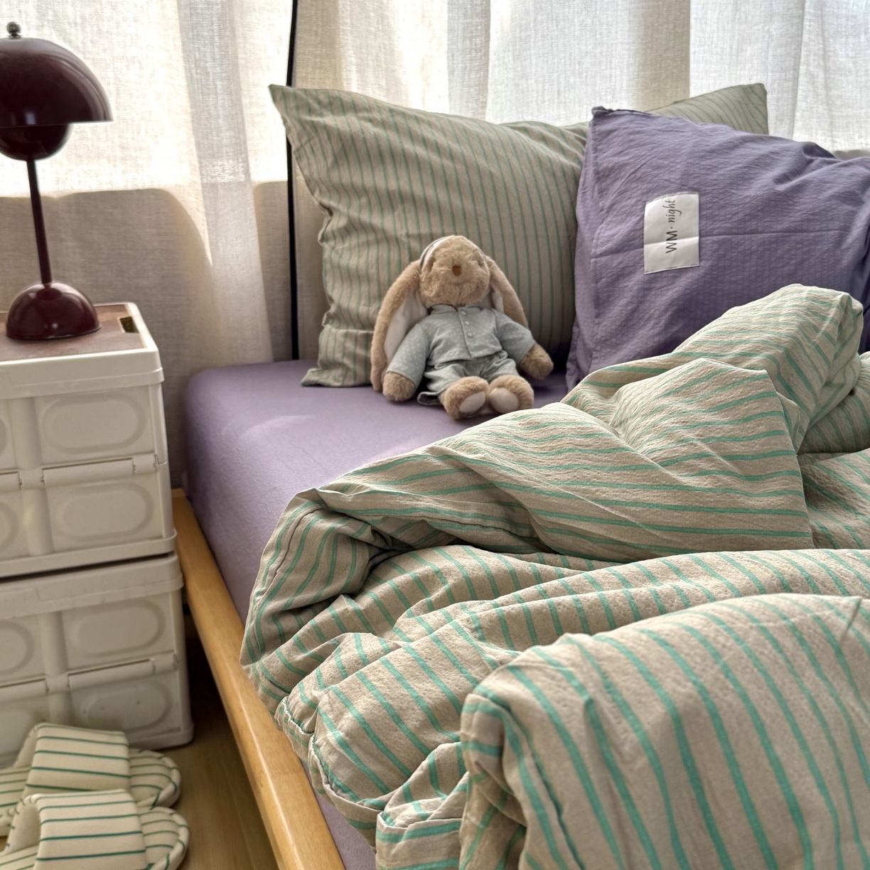 91家纺网 家纺一手货源 找家纺 （总）拾一 2026新款软糯木棉中古多巴胺条纹系列四件套