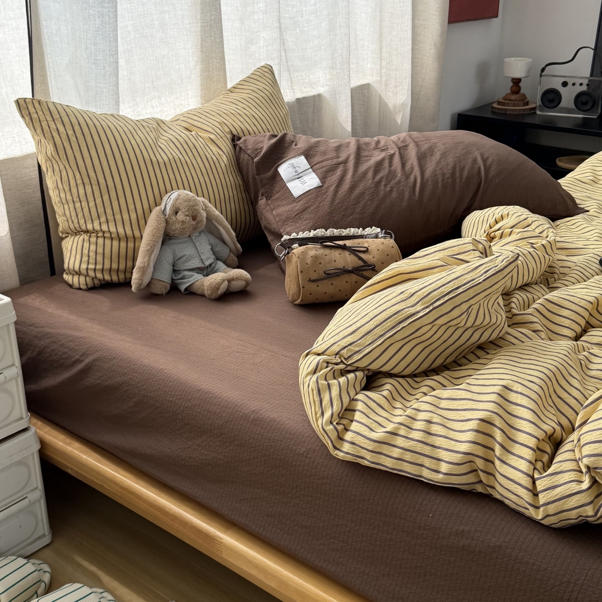 91家纺网 家纺一手货源 找家纺 拾一 2026新款软糯木棉中古多巴胺条纹系列四件套 慵懒条-黄