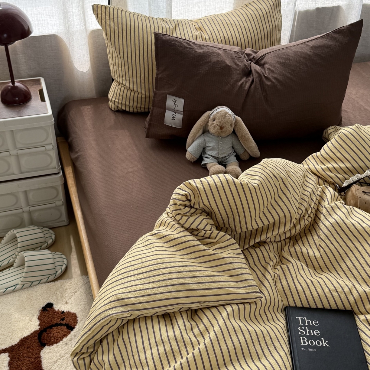 91家纺网 家纺一手货源 找家纺 拾一 2026新款软糯木棉中古多巴胺条纹系列四件套 慵懒条-黄