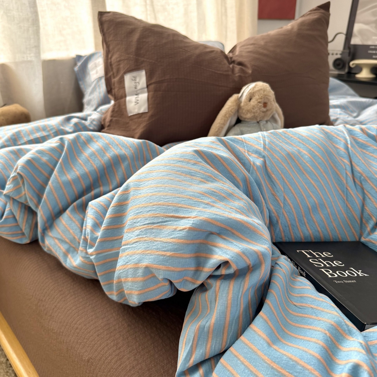 91家纺网 家纺一手货源 找家纺 拾一 2026新款软糯木棉中古多巴胺条纹系列四件套 慵懒条-蓝