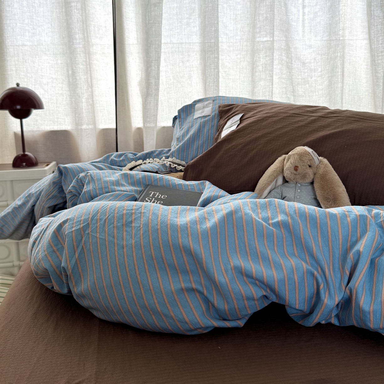 91家纺网 家纺一手货源 找家纺 拾一 2026新款软糯木棉中古多巴胺条纹系列四件套 慵懒条-蓝