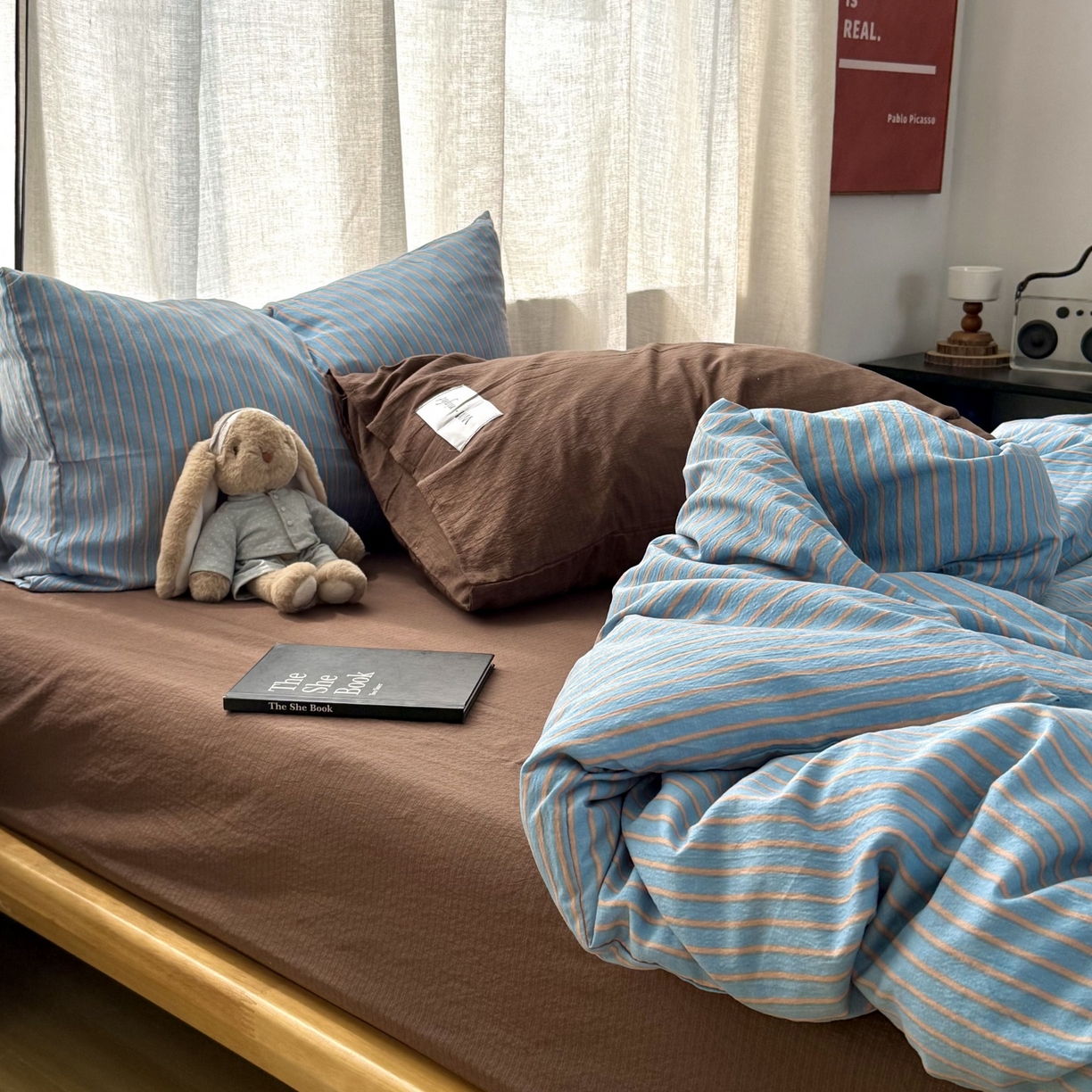 91家纺网 家纺一手货源 找家纺 拾一 2026新款软糯木棉中古多巴胺条纹系列四件套 慵懒条-蓝