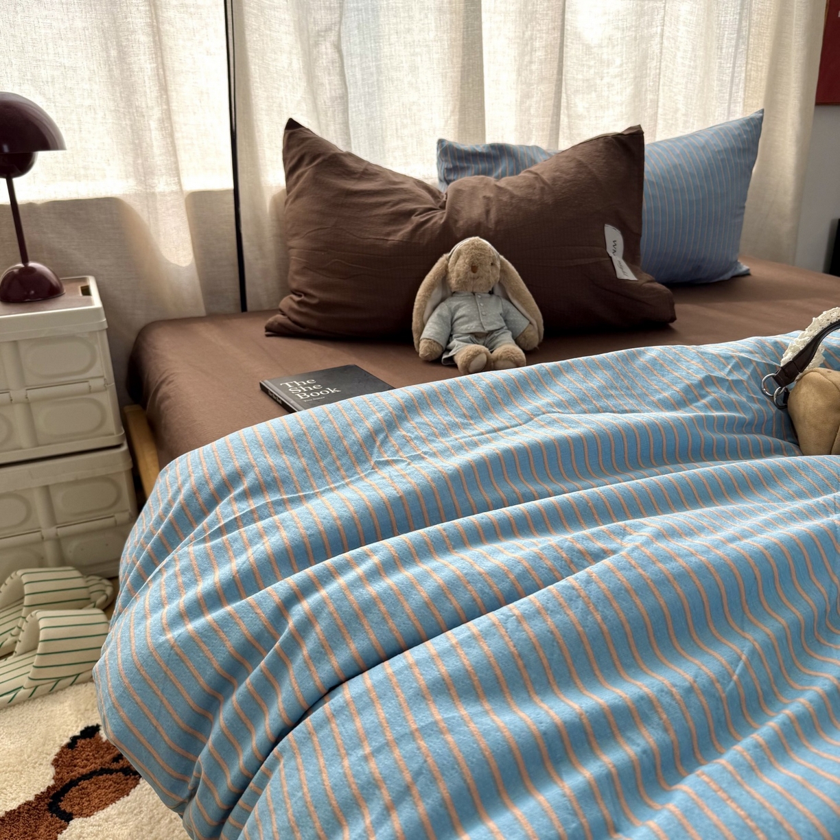 91家纺网 家纺一手货源 找家纺 拾一 2026新款软糯木棉中古多巴胺条纹系列四件套 慵懒条-蓝