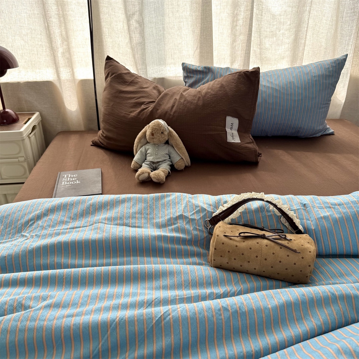 91家纺网 家纺一手货源 找家纺 拾一 2026新款软糯木棉中古多巴胺条纹系列四件套 慵懒条-蓝