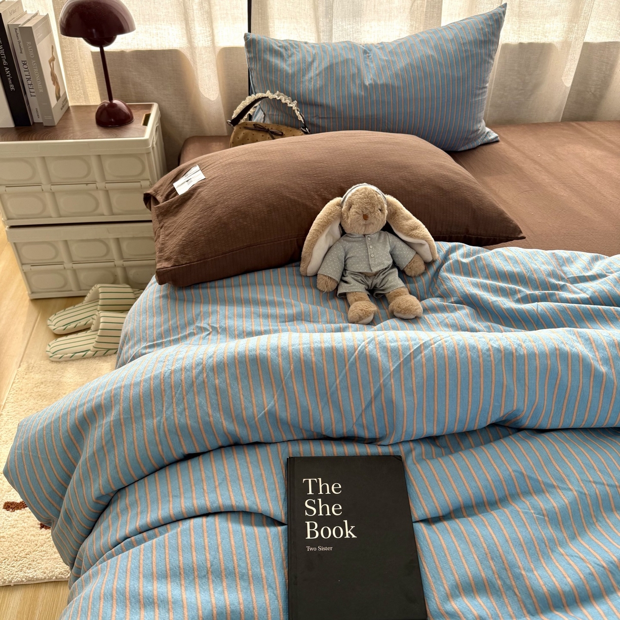 91家纺网 家纺一手货源 找家纺 拾一 2026新款软糯木棉中古多巴胺条纹系列四件套 慵懒条-蓝