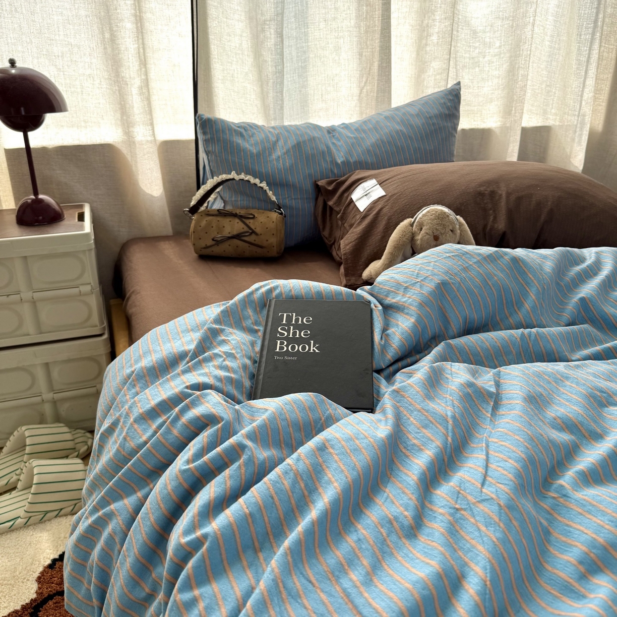 91家纺网 家纺一手货源 找家纺 拾一 2026新款软糯木棉中古多巴胺条纹系列四件套 慵懒条-蓝