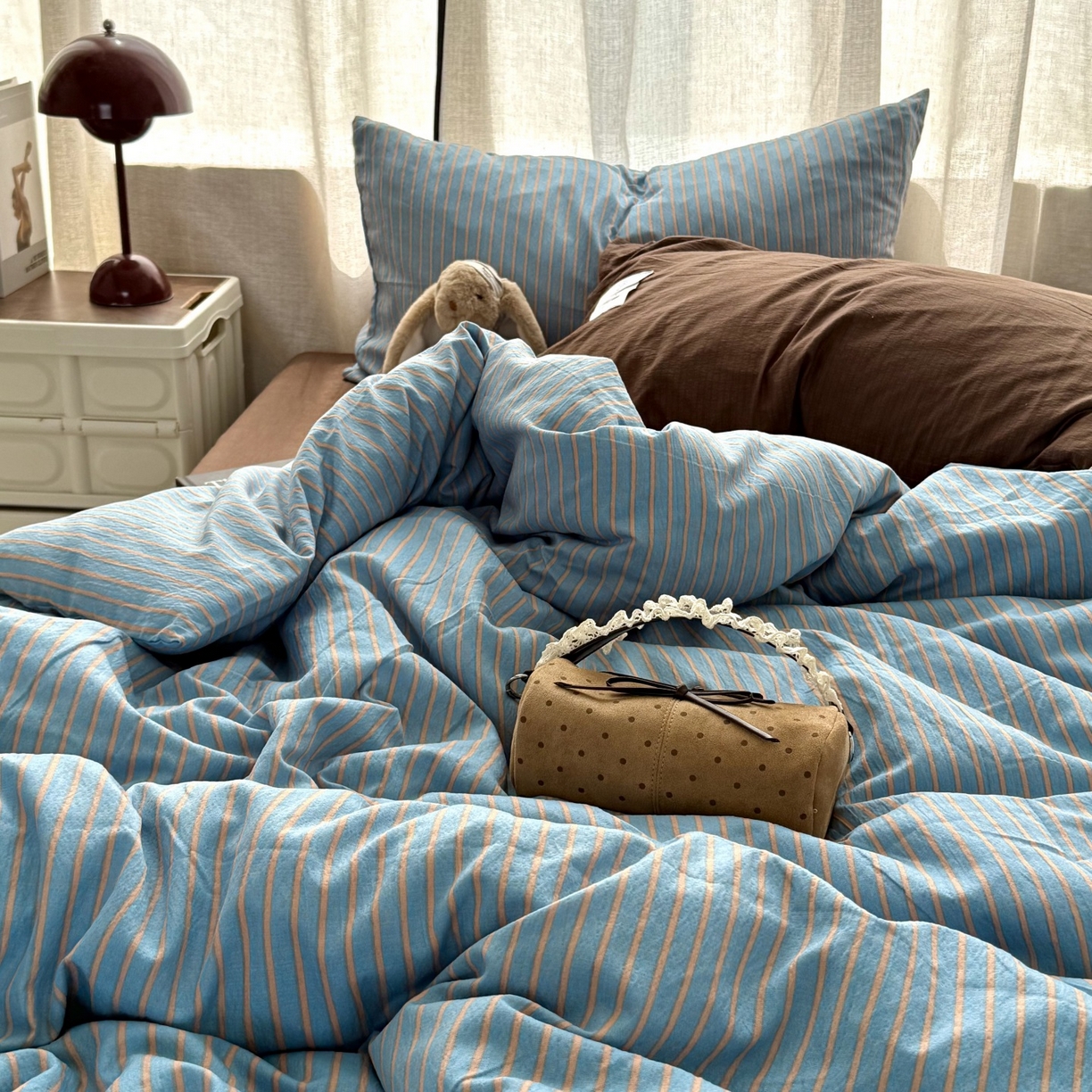 91家纺网 家纺一手货源 找家纺 拾一 2026新款软糯木棉中古多巴胺条纹系列四件套 慵懒条-蓝
