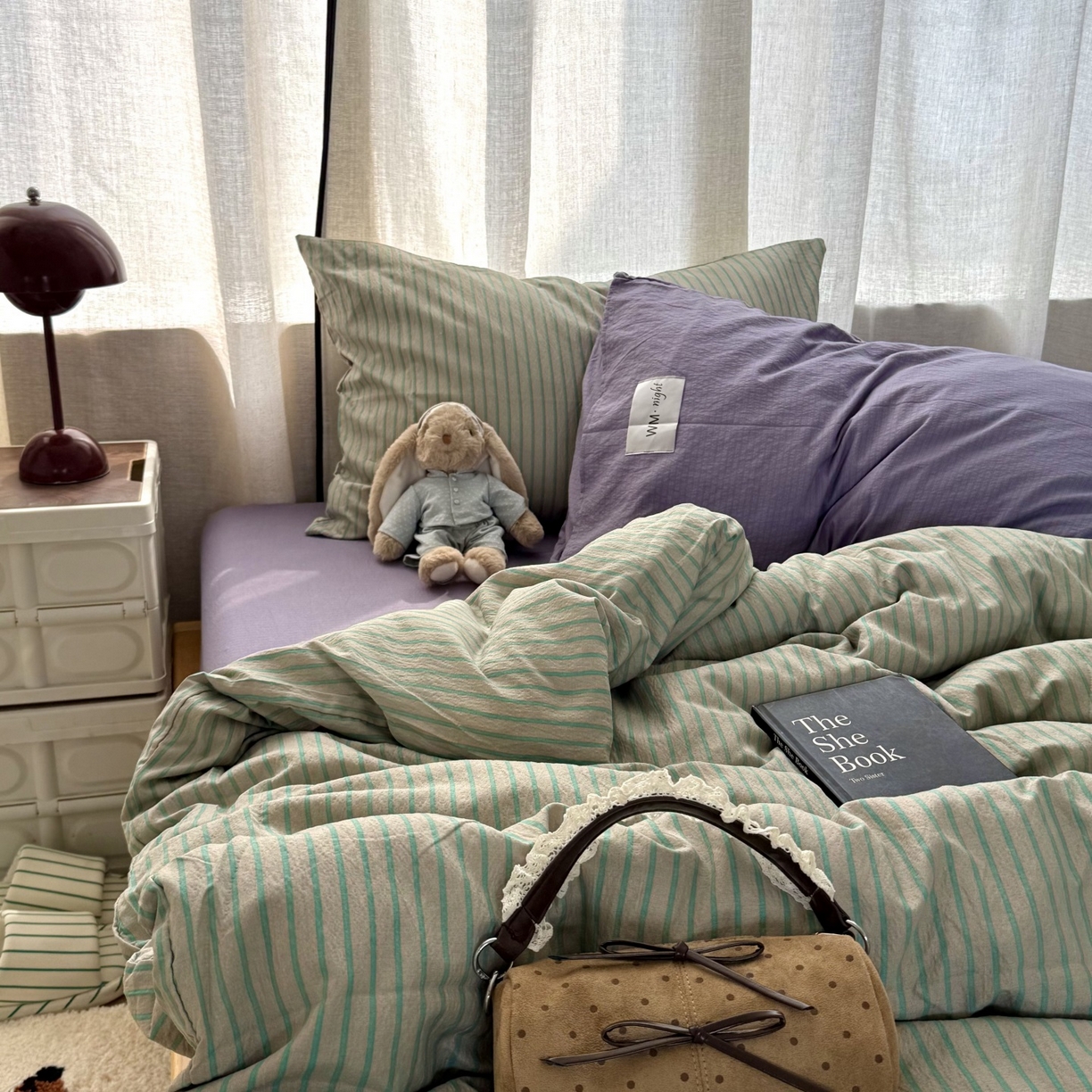 91家纺网 家纺一手货源 找家纺 拾一 2026新款软糯木棉中古多巴胺条纹系列四件套 慵懒条-绿