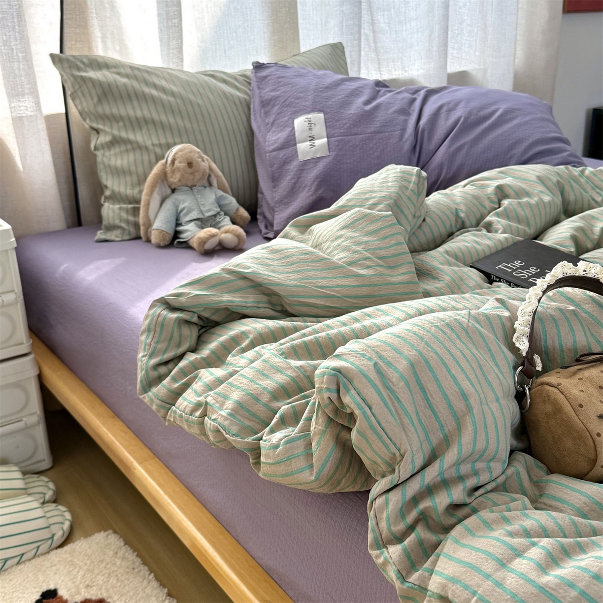 91家纺网 家纺一手货源 找家纺 拾一 2026新款软糯木棉中古多巴胺条纹系列四件套 慵懒条-绿