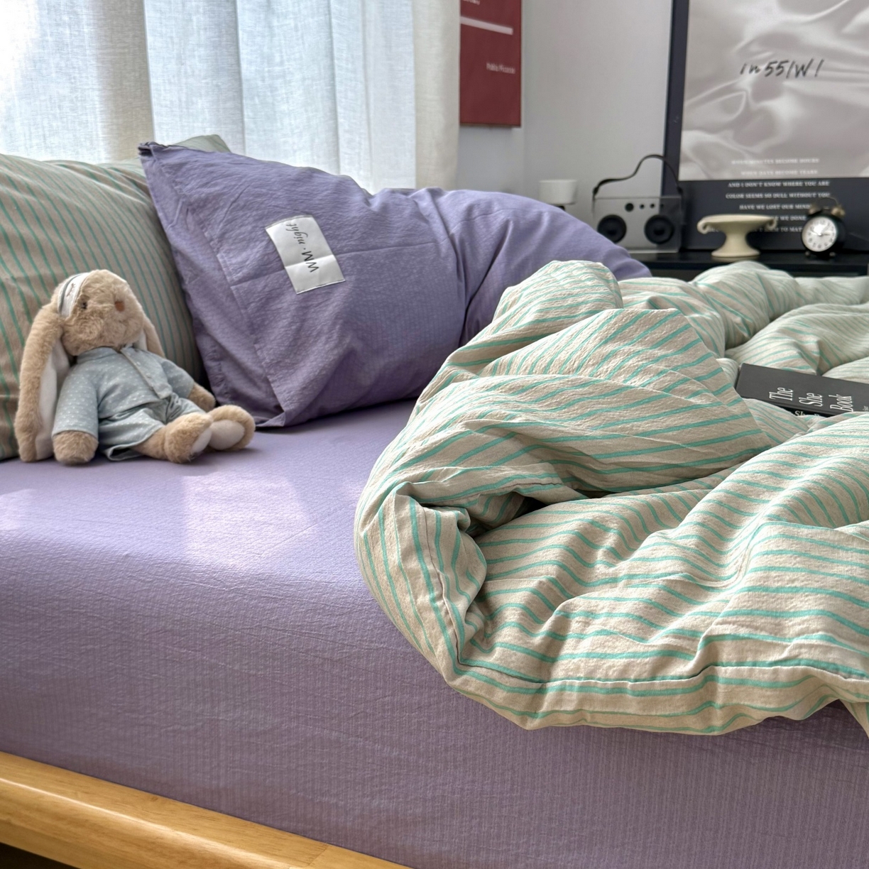 91家纺网 家纺一手货源 找家纺 拾一 2026新款软糯木棉中古多巴胺条纹系列四件套 慵懒条-绿