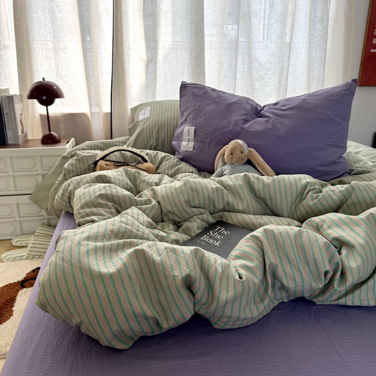 91家纺网 家纺一手货源 找家纺 拾一 2026新款软糯木棉中古多巴胺条纹系列四件套 慵懒条-绿