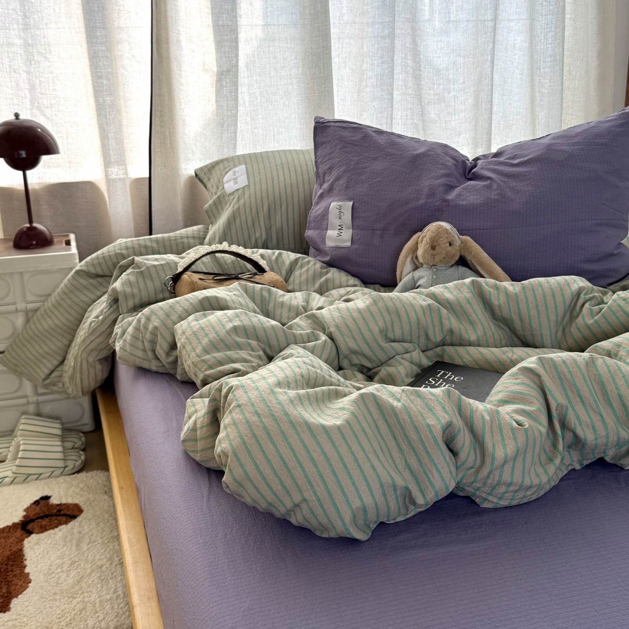 91家纺网 家纺一手货源 找家纺 拾一 2026新款软糯木棉中古多巴胺条纹系列四件套 慵懒条-绿