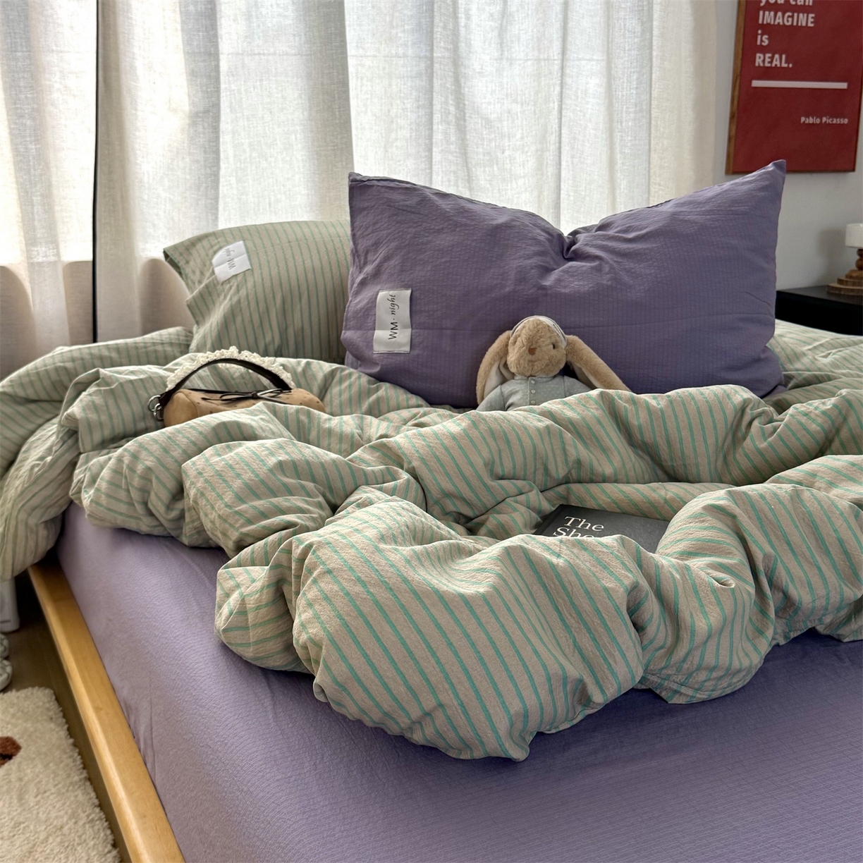 91家纺网 家纺一手货源 找家纺 拾一 2026新款软糯木棉中古多巴胺条纹系列四件套 慵懒条-绿