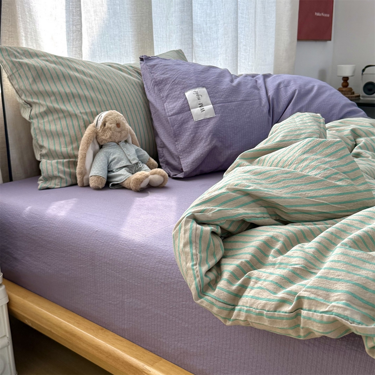 91家纺网 家纺一手货源 找家纺 拾一 2026新款软糯木棉中古多巴胺条纹系列四件套 慵懒条-绿