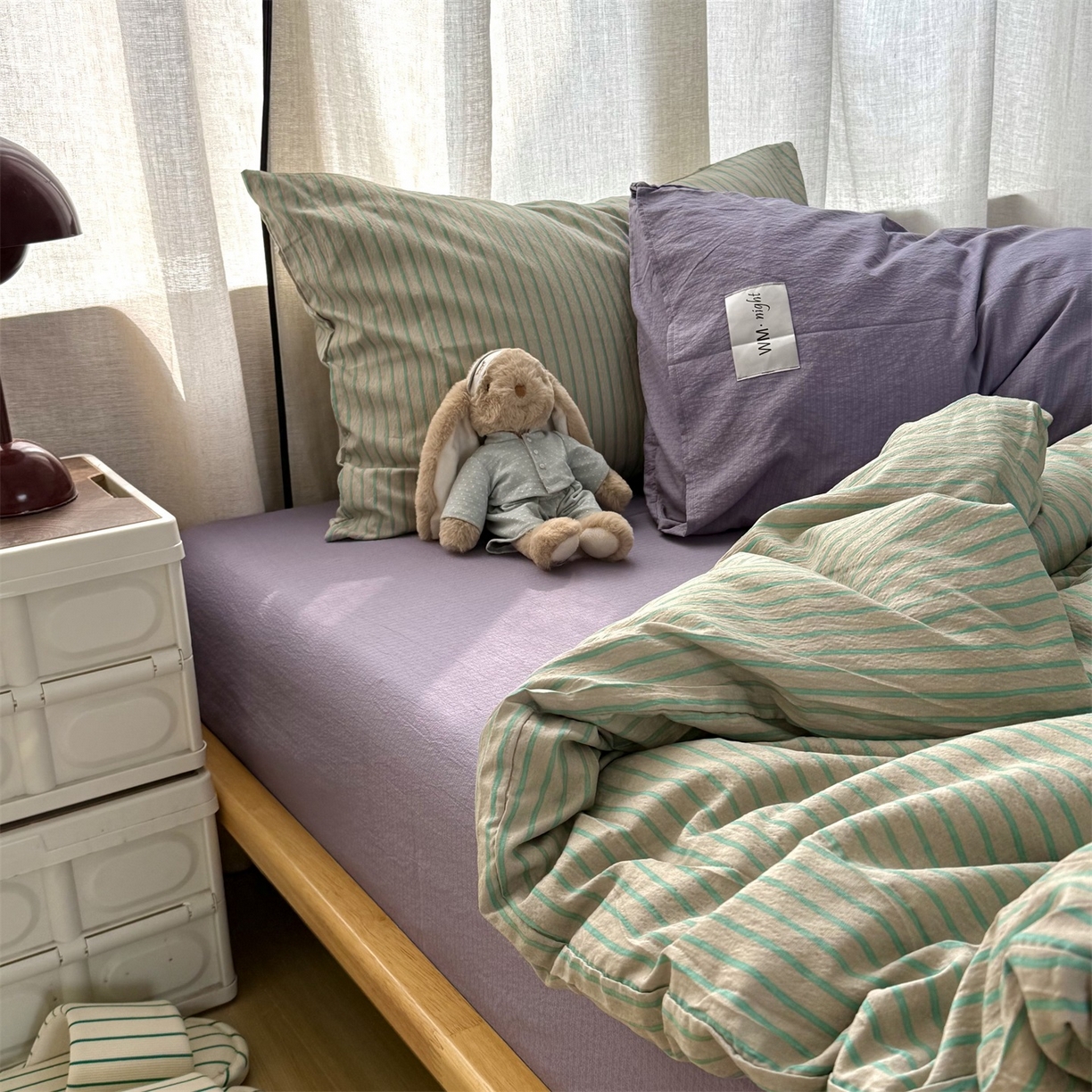 91家纺网 家纺一手货源 找家纺 拾一 2026新款软糯木棉中古多巴胺条纹系列四件套 慵懒条-绿